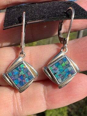 925 mosaic opal dangle lever back earrings.
